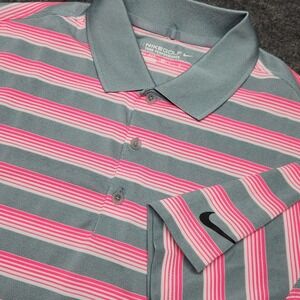 Nike Golf Tour Performance Mens Polo Shirt Pink Grey Striped Dri Fit Medium